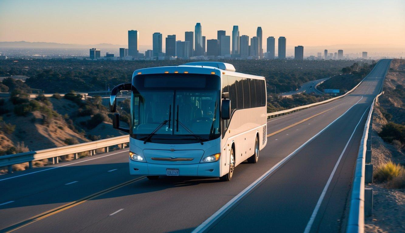 A charter bus traveling on a highway from San Diego to Los Angeles, passing through scenic landscapes and city skylines