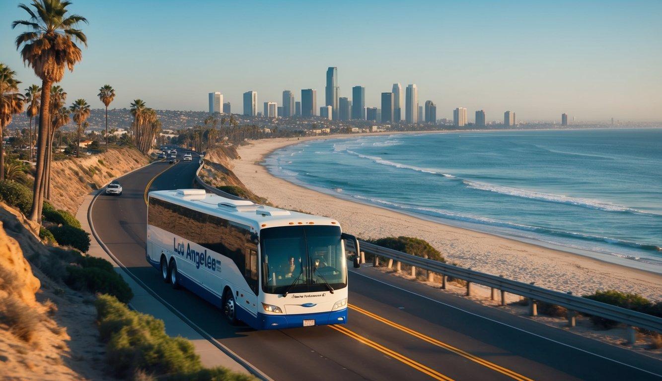 A charter bus drives through scenic coastal landscapes from San Diego to Los Angeles, passing palm trees, beaches, and city skylines