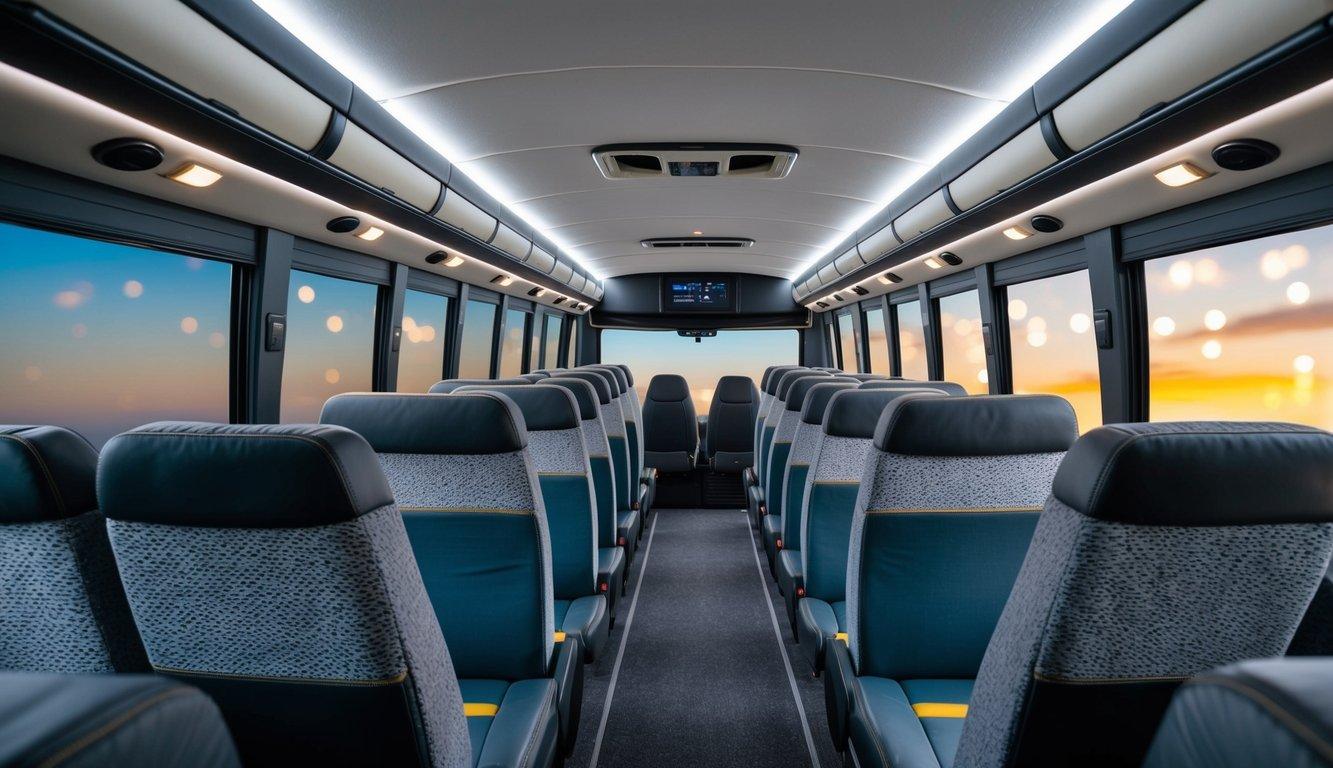 A charter bus interior with plush seating, spacious legroom, Wi-Fi, and individual reading lights