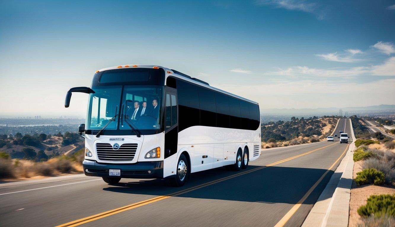 A charter bus traveling from San Diego to Los Angeles on a sunny day, with a business group on board, passing through scenic California landscapes