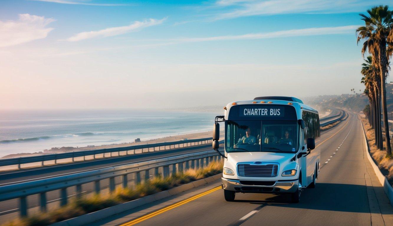 A charter bus driving along the scenic coastal highway from San Diego to Los Angeles, passing by palm trees and the ocean