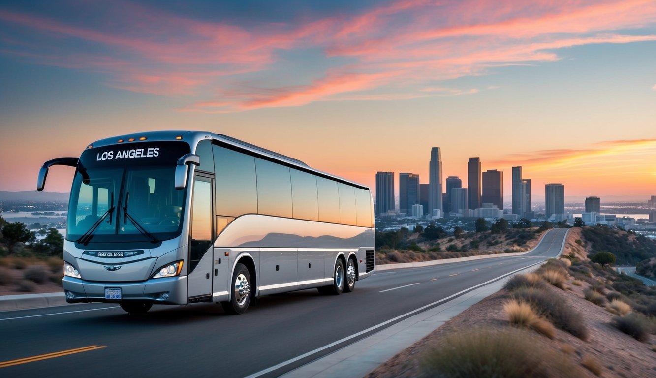 A sleek charter bus traveling smoothly from San Diego to Los Angeles, passing through scenic landscapes and city skylines