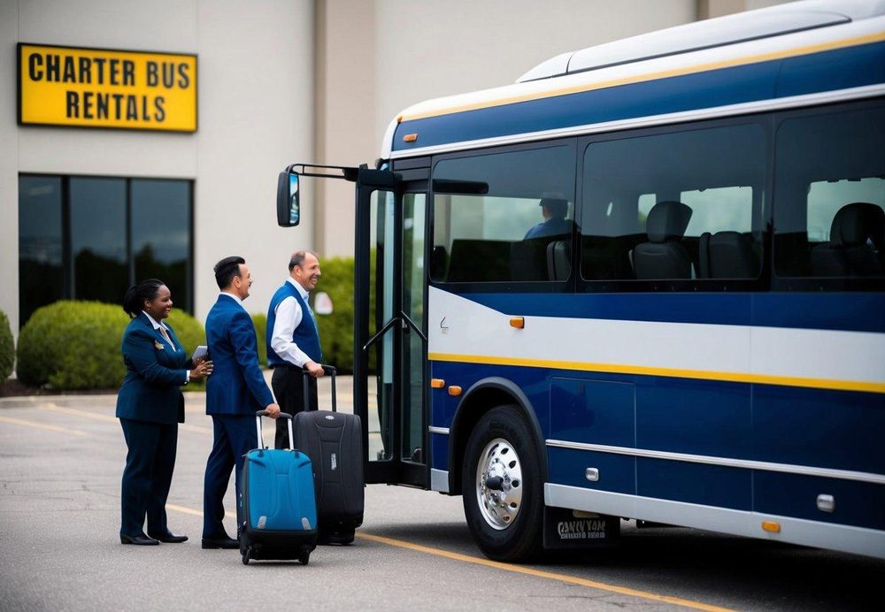 A group of people boarding a charter bus while a staff member assists with luggage. The bus is parked in front of a building with a sign that reads "Charter Bus Rentals."