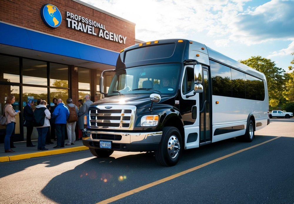 A charter bus parked in front of a bustling travel agency, with a line of people waiting to board. Sunshine illuminates the vehicle's sleek exterior