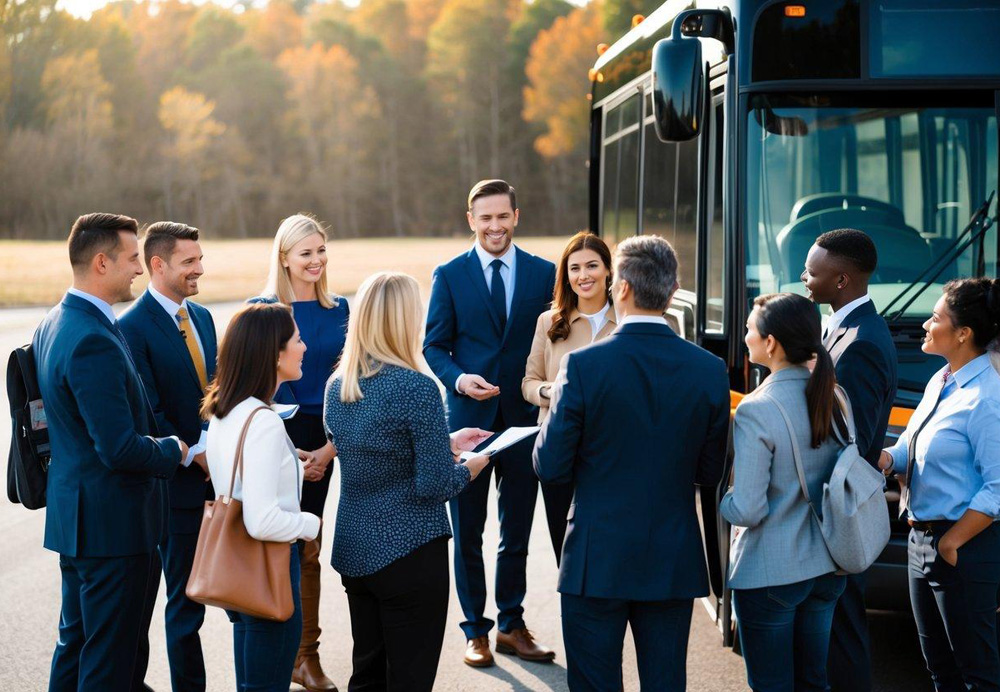 A group of people gathered around a charter bus, asking questions and receiving information from a rental representative