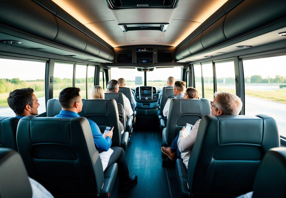 Passengers sitting comfortably on a modern charter bus, enjoying amenities and onboard experience