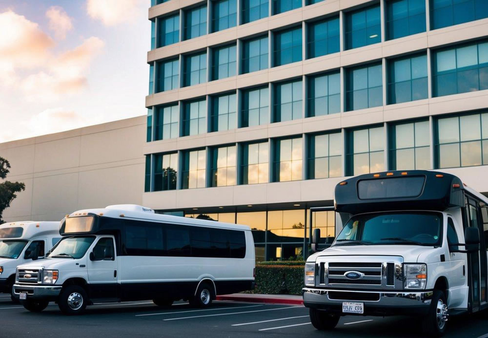 A charter bus and minibus parked in front of a corporate building in San Diego, California