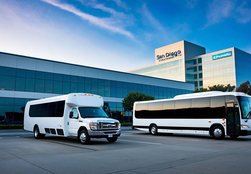 A corporate charter bus and minibus parked in front of a modern office building in San Diego, California