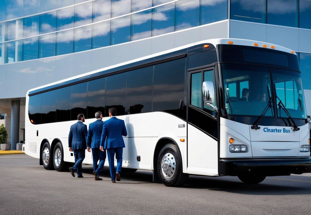 A charter bus parked in front of a modern office building, with a group of professionals boarding the bus for a corporate event