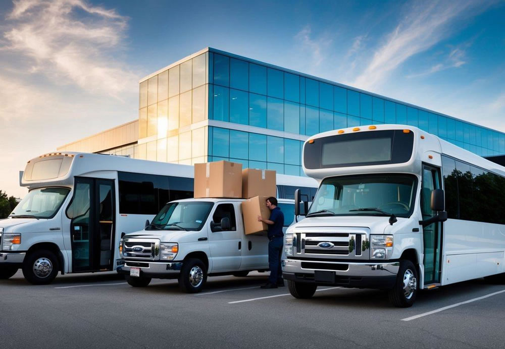 A charter bus and minibus parked in front of a modern office building, with employees loading boxes and equipment onto the vehicles