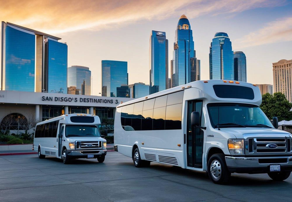 A sleek charter bus and minibus parked in front of San Diego's premier destinations and venues