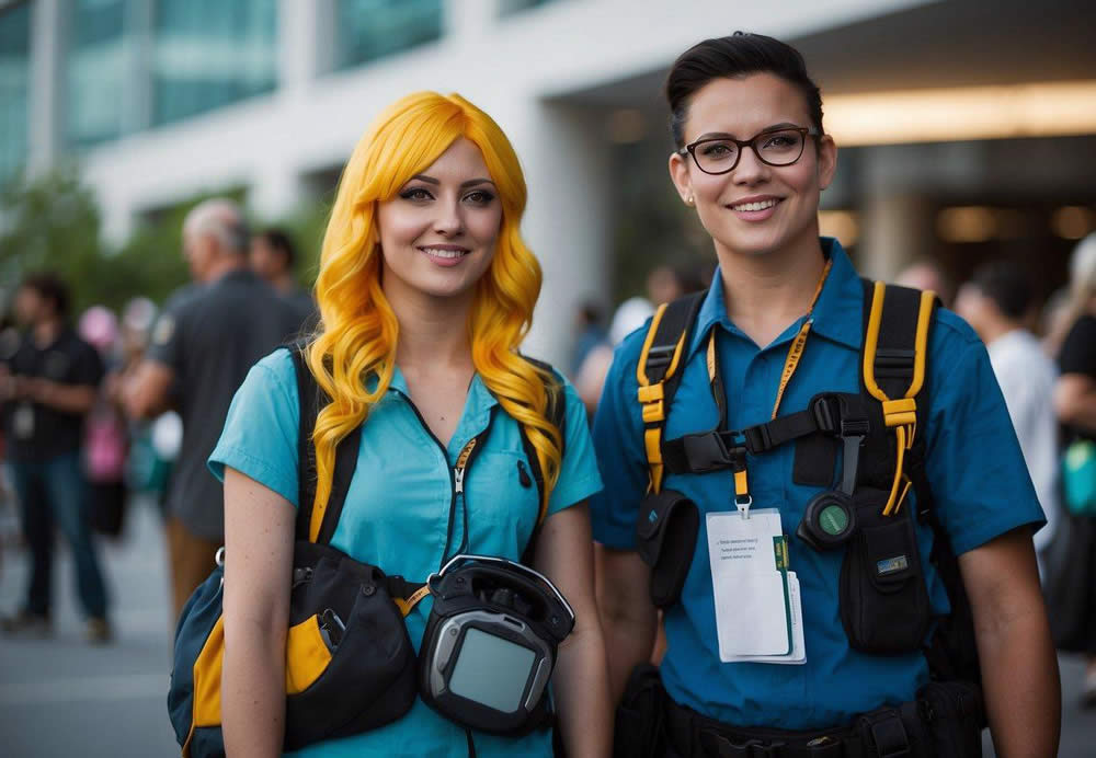 Crowd lines up outside convention center, security checks bags, signs display safety policies. Cosplayers pose for photos, staff patrols