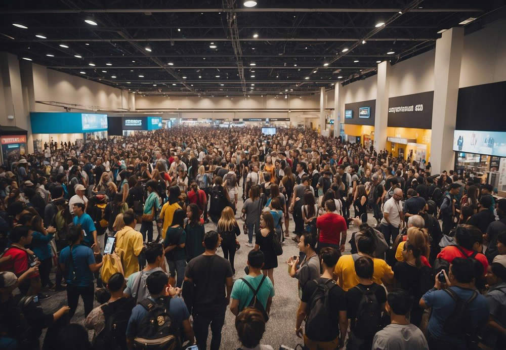 A bustling convention floor with cosplayers, artists, and fans engaging in workshops and panels at San Diego Comic-Con 2024