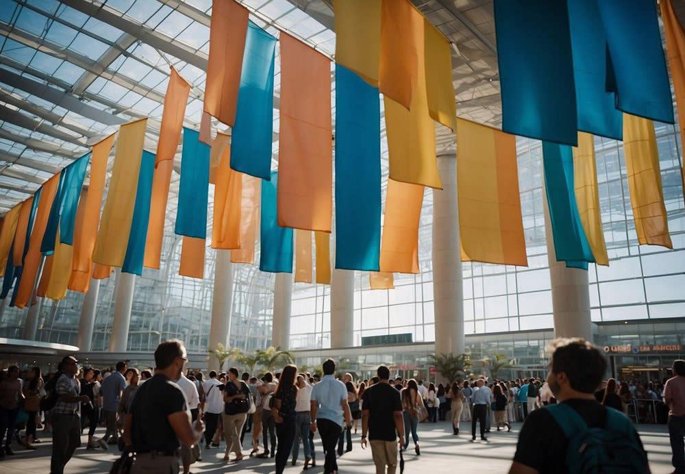 A bustling convention center with colorful banners and enthusiastic crowds, surrounded by towering buildings and a clear blue sky