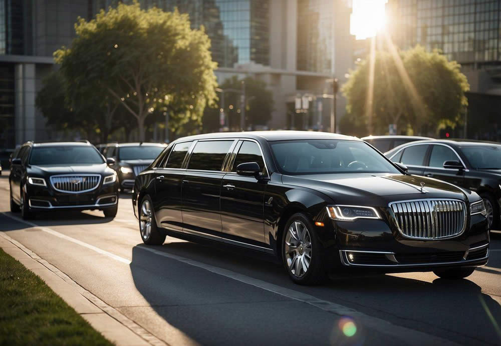 A sleek limousine pulls up to the convention center, surrounded by futuristic self-driving cars and high-end shuttle buses. The vehicles gleam in the sunlight, reflecting the excitement and glamour of the event