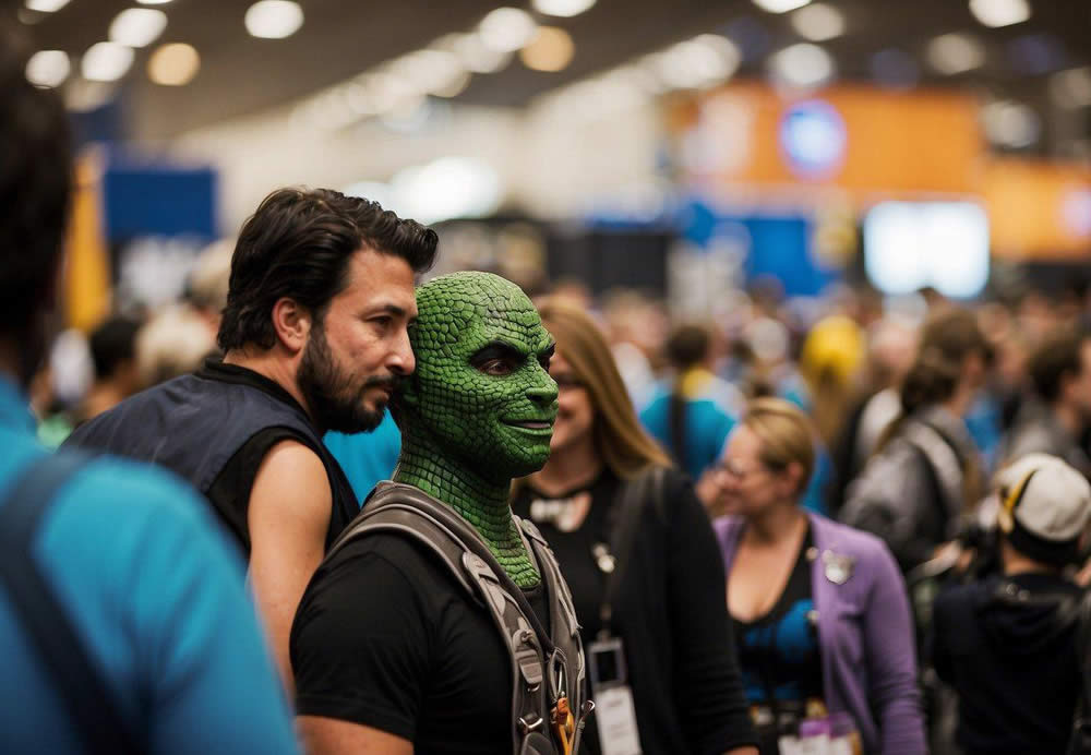 Crowds fill the convention center, surrounded by colorful booths and displays. Cosplayers pose for photos while artists sketch and vendors sell merchandise. The energy is palpable as fans celebrate their favorite comics and characters