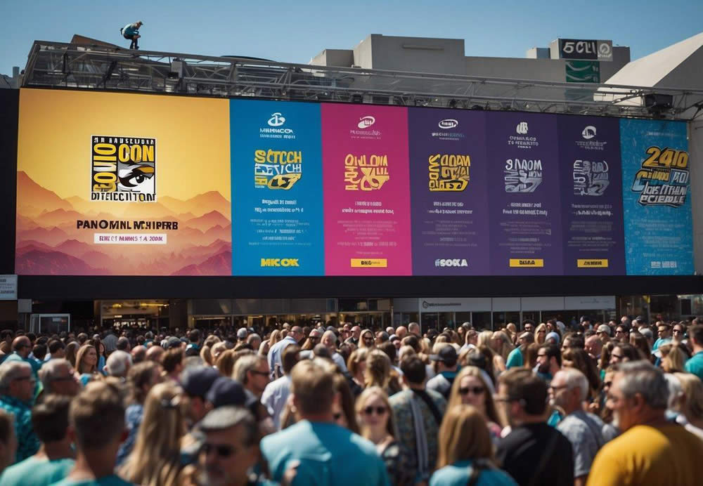 The San Diego Comic-Con 2024 schedule is displayed on a large digital screen surrounded by excited attendees and colorful banners