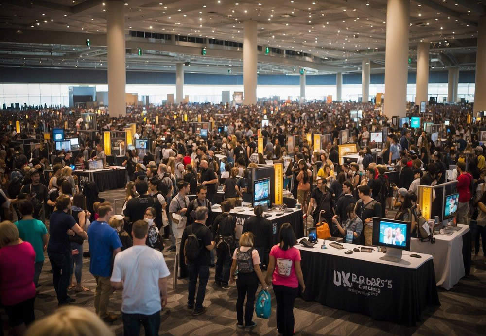 Crowds fill the convention center, browsing booths and attending panels. Cosplayers pose for photos, while artists sketch and vendors sell merchandise. Panels and events run throughout the day