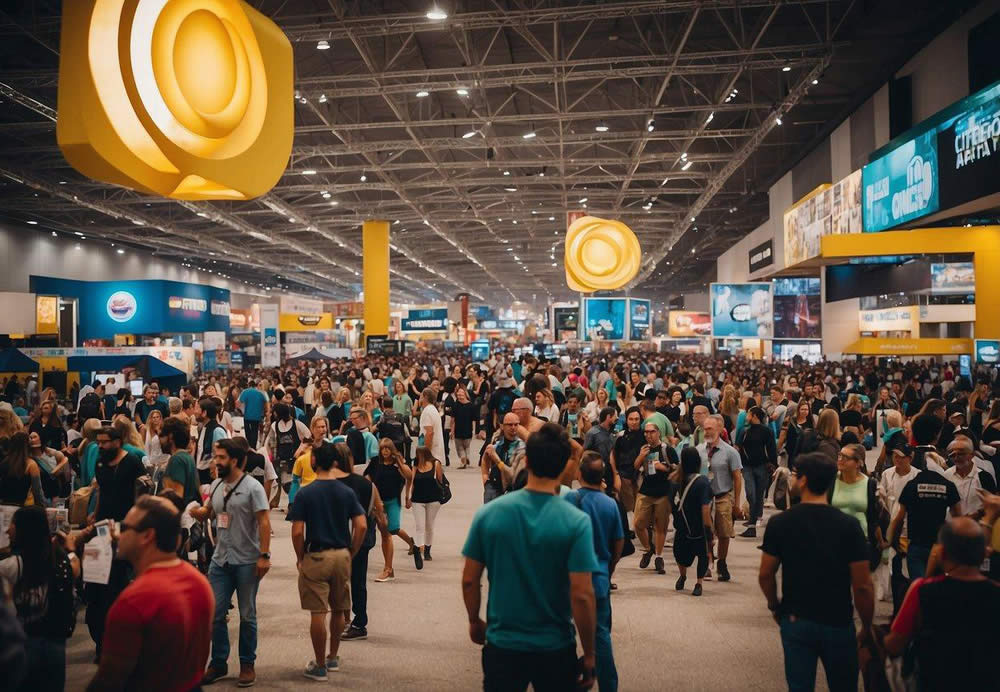 A bustling convention center filled with colorful booths, elaborate displays, and excited attendees at the San Diego Comic-Con 2024