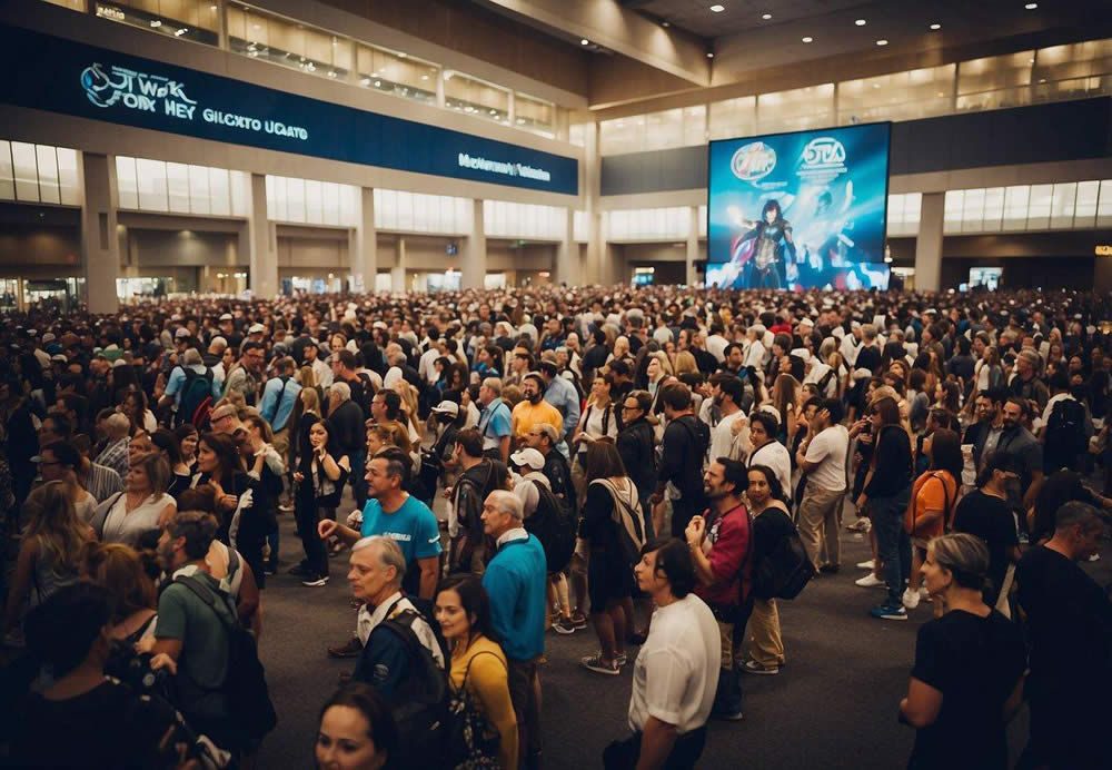 Fans crowd around a massive convention center, eagerly snapping photos of costumed characters and browsing through vendor booths. The air is electric with excitement as attendees eagerly await panel discussions and celebrity appearances