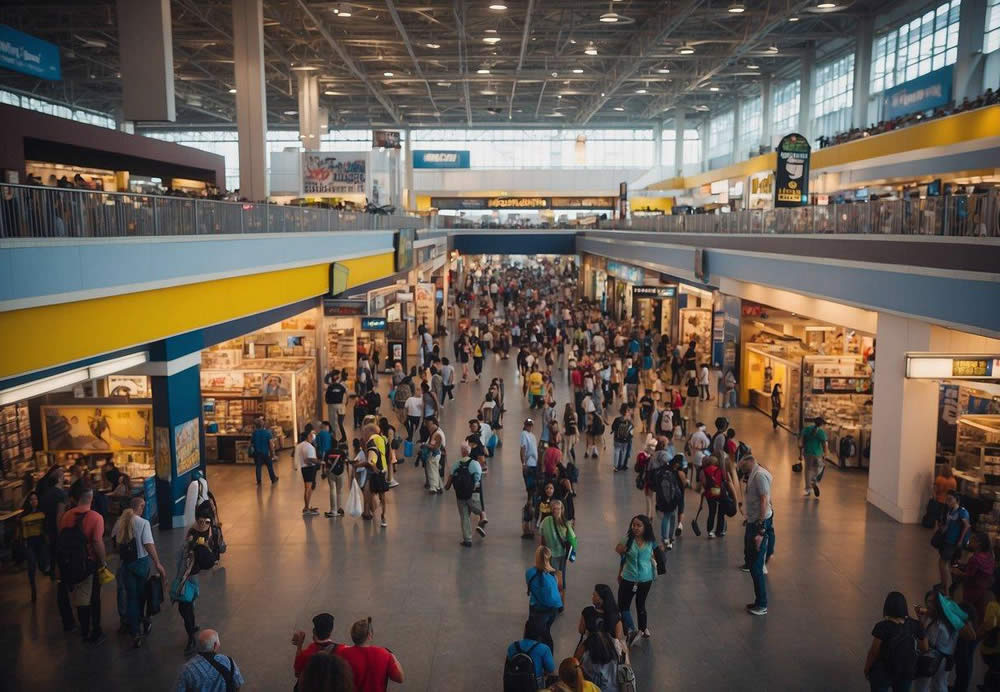 The bustling convention floor at San Diego Comic-Con 2024, with colorful booths, cosplayers, and excited attendees browsing through merchandise and exhibits