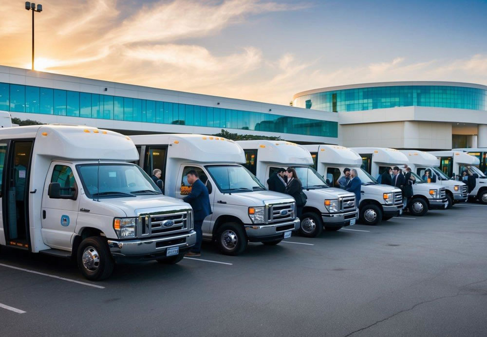 A fleet of shuttles lined up outside a convention center in San Diego, with attendees boarding and luggage being loaded