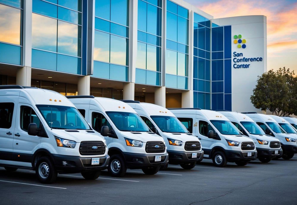 A line-up of sleek shuttle vans and buses parked in front of a conference center in San Diego, ready to transport attendees to and from large conferences