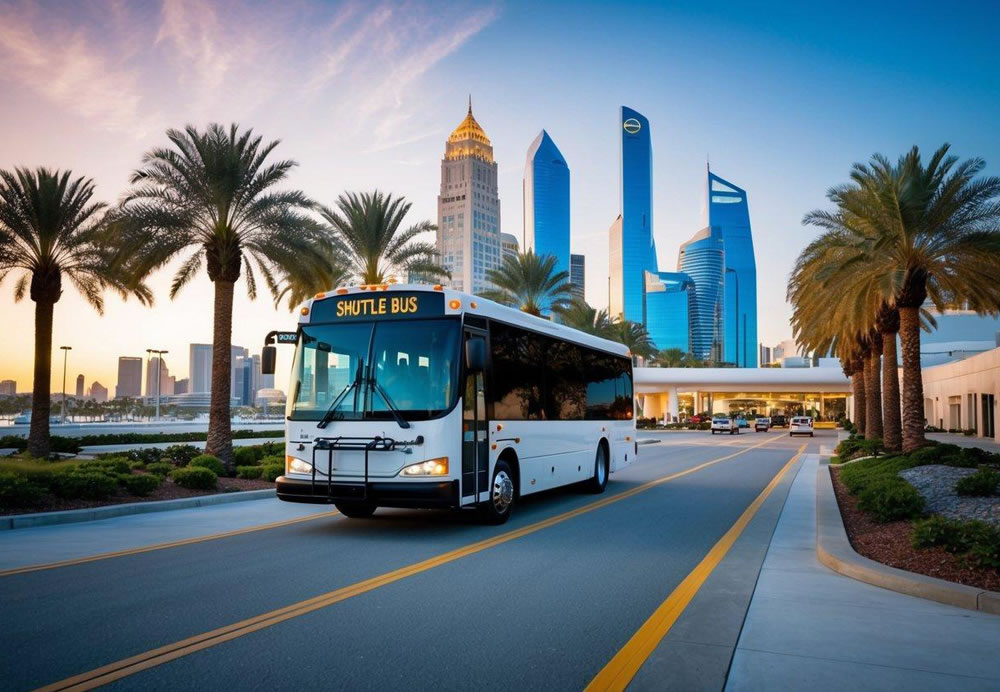 A shuttle bus pulls up to a modern convention center surrounded by palm trees and a bustling city skyline in the background