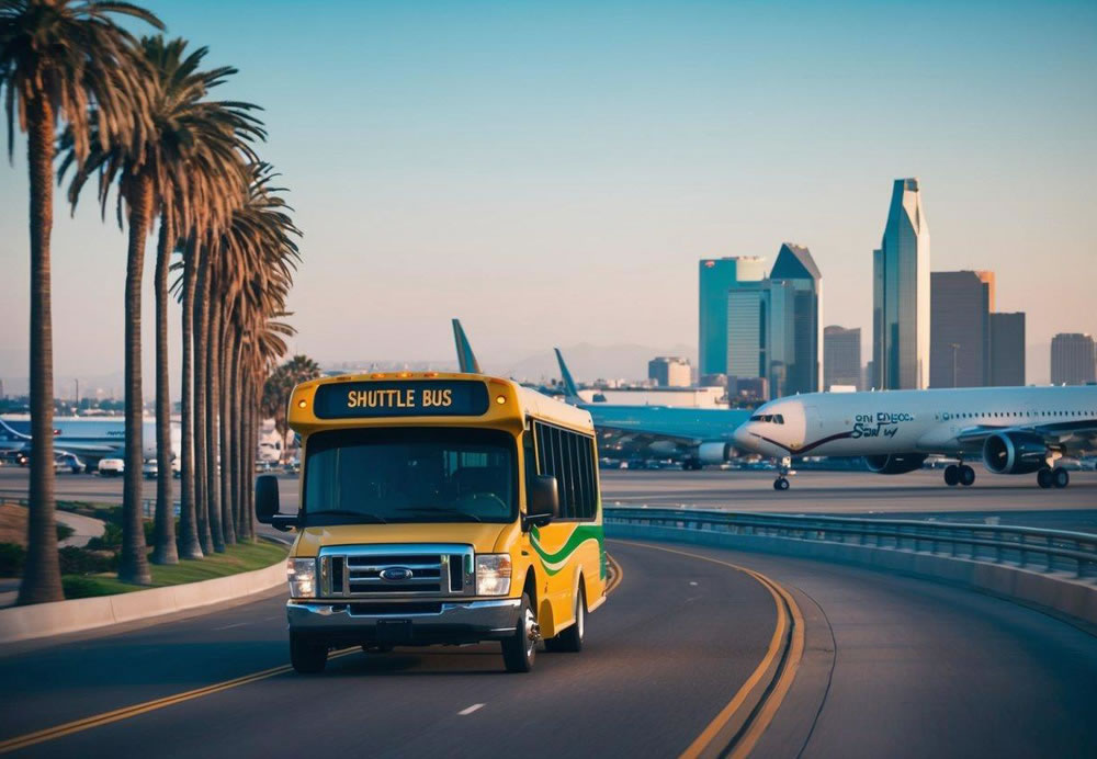 A shuttle bus drives along a palm-lined road, passing by the San Diego Convention Center and the airport, with a bustling city skyline in the background