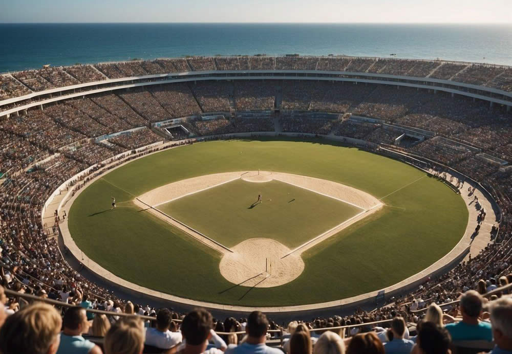 A bustling stadium with cheering fans, a sun-soaked beach volleyball court, and a scenic golf course overlooking the ocean
