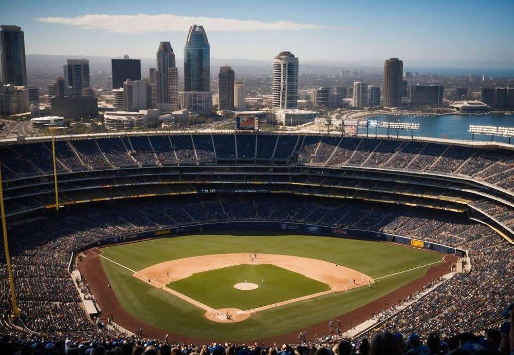 The scene includes iconic San Diego sports venues like Petco Park and SDCCU Stadium, with crowds cheering on baseball and football teams. The skyline and ocean provide a picturesque backdrop for the city's sporting events