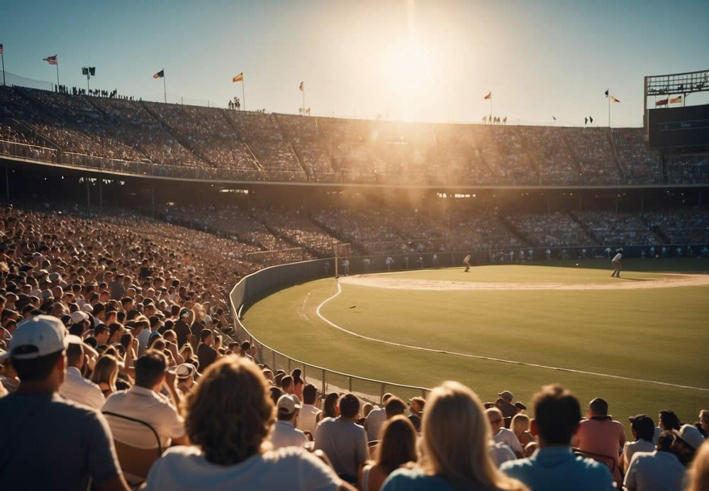 A crowded stadium with cheering fans, a bright sun shining down on a baseball game, a golf course with players in action, and a scenic beach volleyball tournament