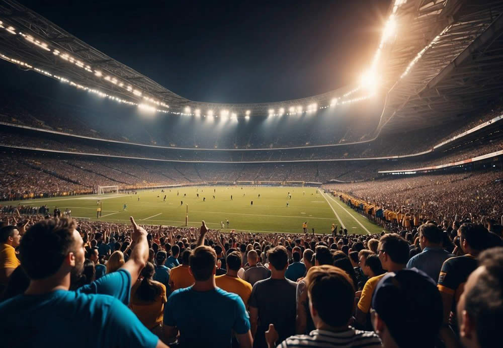 A crowded stadium with cheering fans, players competing in various sports, banners and flags representing different teams, and a vibrant atmosphere filled with energy and excitement