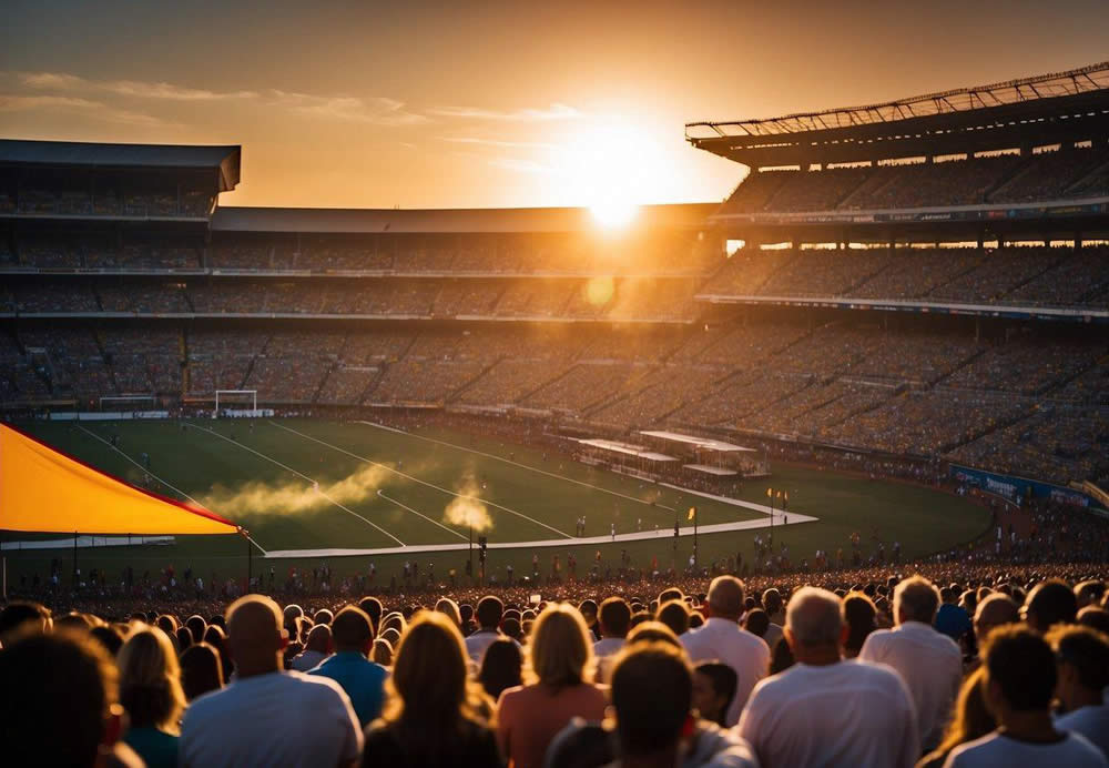 The sun sets over a bustling stadium, filled with cheering fans and colorful banners. Athletes compete in various sports, while vendors sell food and souvenirs. The atmosphere is electric with excitement