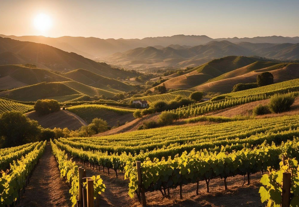 Rolling hills with rows of lush grapevines, dotted with charming wineries and tasting rooms. A warm sun sets behind the mountains, casting a golden glow over the picturesque landscape