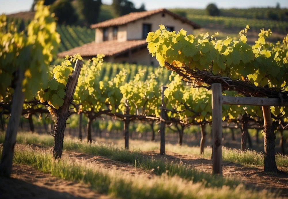 A picturesque vineyard with rolling hills, lush grapevines, and a charming winery building nestled in the heart of Temecula Valley