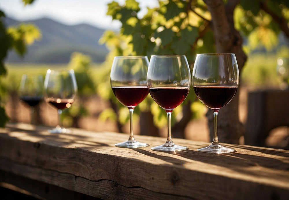 A serene vineyard setting with rows of lush grapevines, a rustic tasting room, and elegant wine glasses set on a wooden table