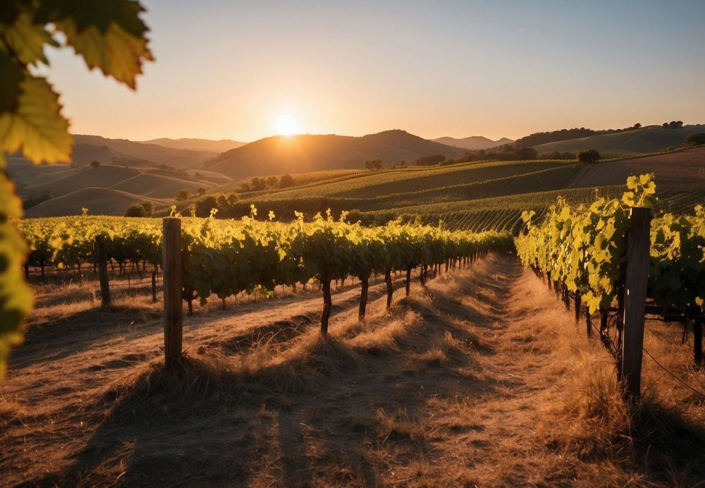 Vibrant vineyards sprawl across rolling hills, framed by the warm glow of the setting sun. A rustic winery stands proudly in the distance, surrounded by lush greenery