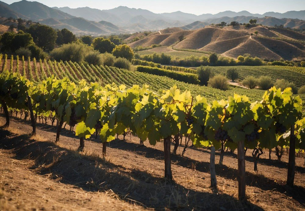 Rolling hills of vineyards stretch across the landscape, with rows of grapevines basking in the warm California sun. A rustic winery stands nestled among the lush greenery, offering a picturesque view of Temecula Wine Country