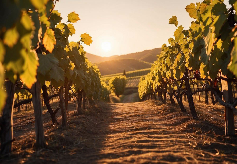 Rolling hills of grapevines surround a rustic winery building with a red-tiled roof. A warm sun sets behind the picturesque scene, casting a golden glow over the vineyard