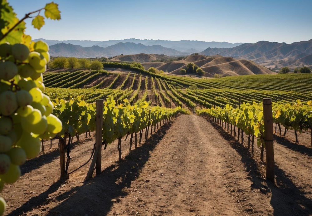 A picturesque vineyard at Wilson Creek Winery in Temecula, with rows of lush green grapevines stretching out towards the horizon under a clear blue sky