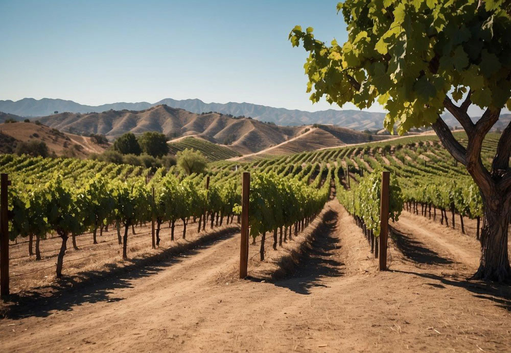 A picturesque vineyard with rolling hills, lush grapevines, and a rustic tasting room nestled in the heart of Temecula Valley