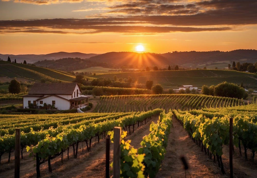 The sun sets behind the rolling hills of Callaway Vineyard & Winery, casting a warm glow over the rows of lush grapevines and the rustic, charming buildings of the estate