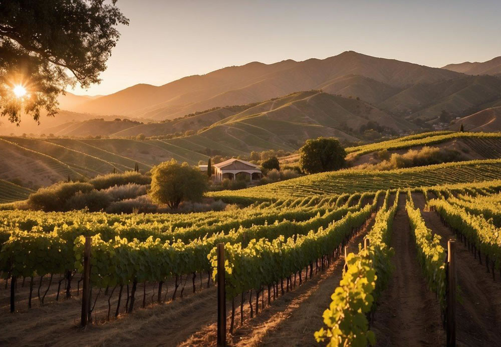 Lush vineyards stretch across rolling hills at Doffo Winery, with a charming tasting room nestled among the vines. The sun sets behind the mountains, casting a warm glow over the picturesque scene