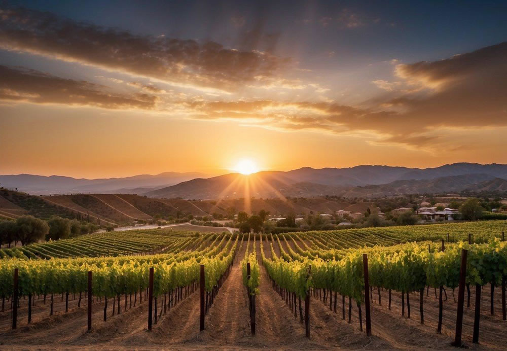 The sun sets over the rolling hills of Temecula, casting a warm glow on the South Coast Winery Resort & Spa. Rows of lush vineyards stretch into the distance, creating a picturesque scene for any illustrator to recreate