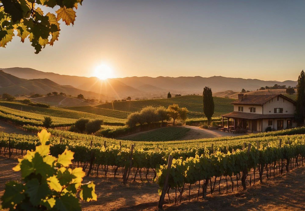 Rolling hills of vineyards surround Ponte Winery. The sun sets behind the rustic tasting room, casting a warm glow over the sprawling estate. A gentle breeze rustles the grapevines, creating a serene atmosphere